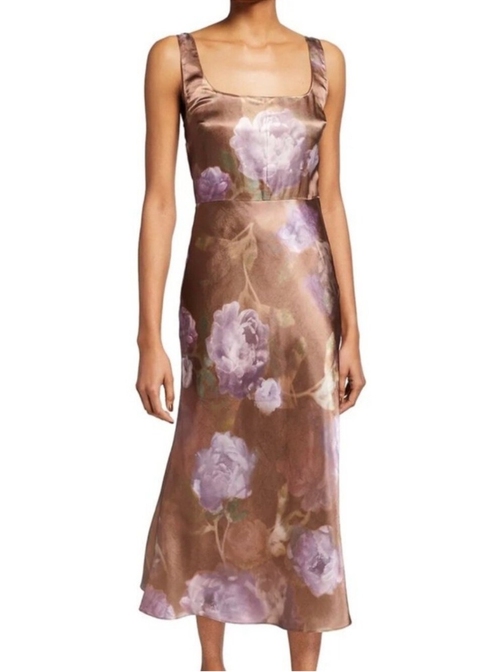 Vince Lavender Floral Satin Square-Neck Midi Dress on Brown